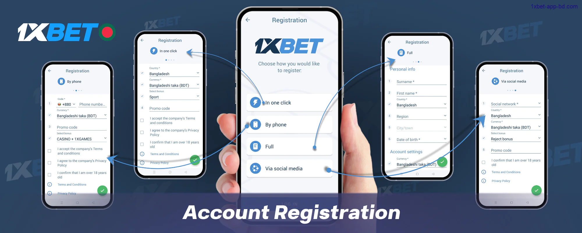Ways to create an account via 1xBet app for users from Bangladesh